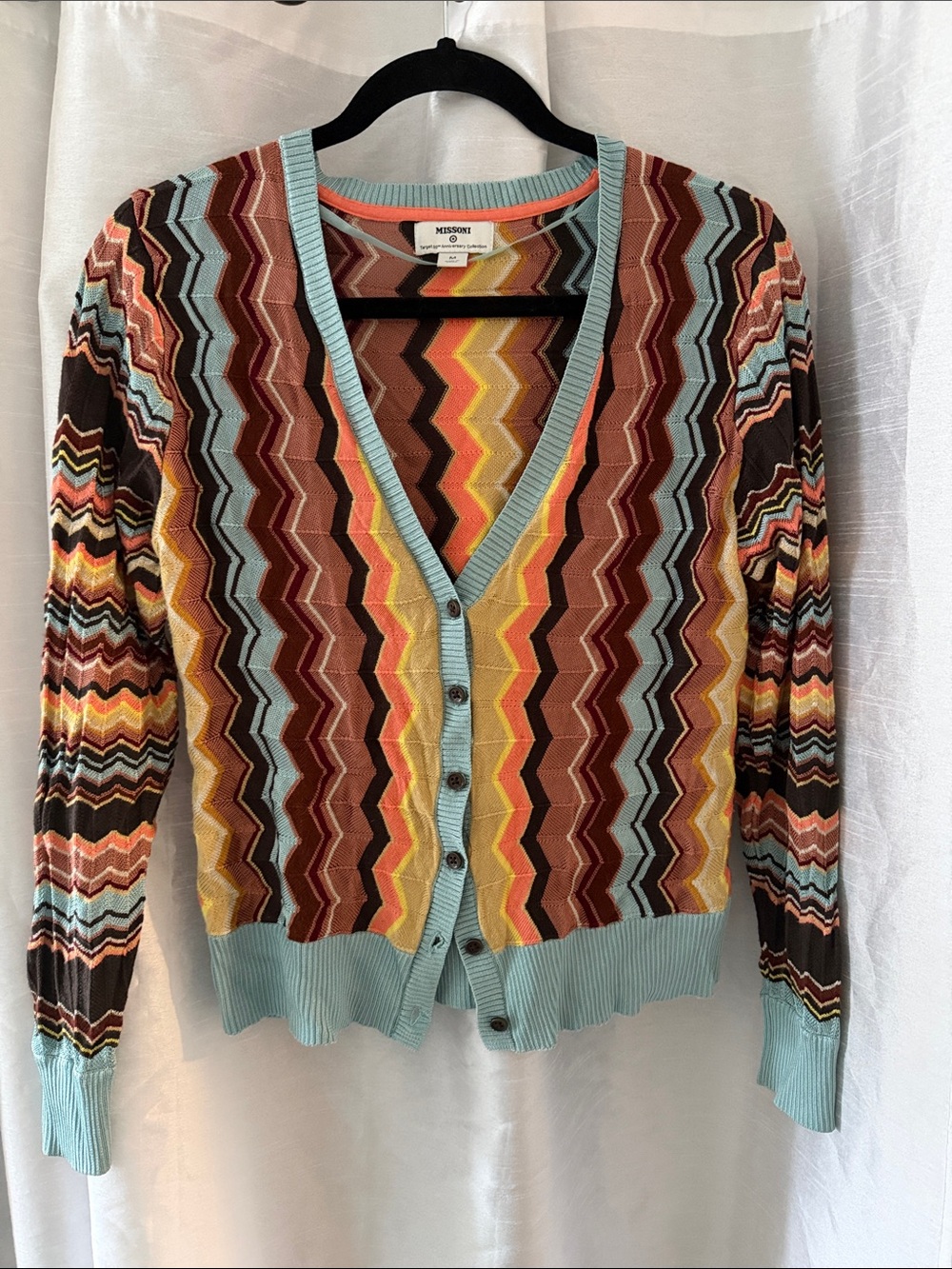 Missoni Multicolor Zigzag Cardigan with Light Blue Trim